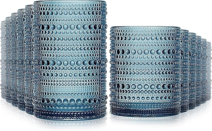 Vintage Hobnail Drinking Glasses Set of 12-14 oz Old Fashioned Glass Cups & 11 oz Cocktail Glasses, Aesthetic Kitchen Bar Tumbler Glassware Gifts Sets, Blue (12Pcs Blue XL) by Lvtrupc