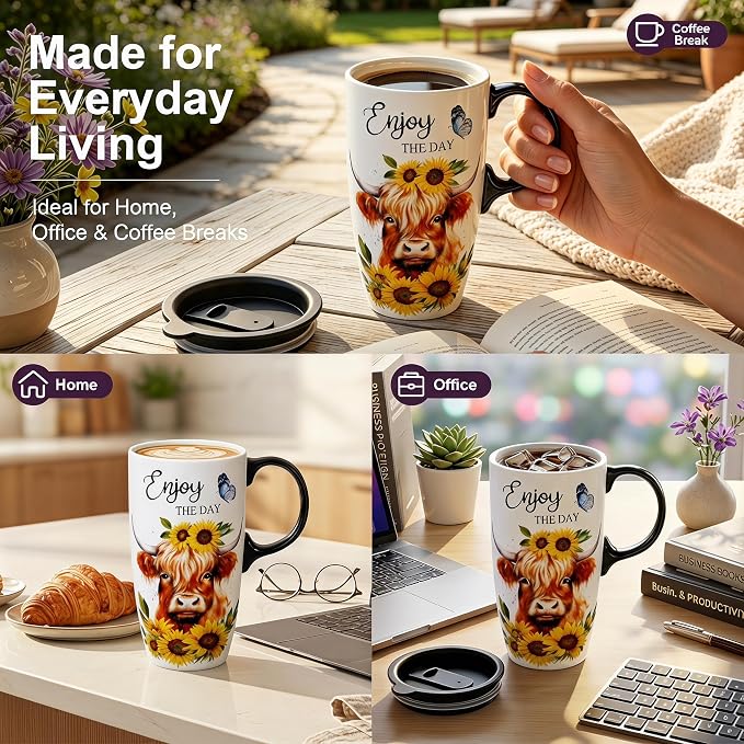 Topadorn 17oz Ceramic Travel Mug with Lid, Highland Cow Coffee Mug | Farmhouse Ceramic Coffee Cup with Handle, Gift Box Included, Dishwasher & Microwave Safe - Image 3