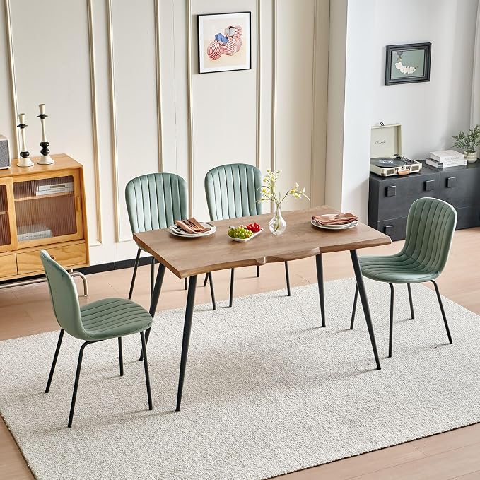 Rectangle Dining Table Set for 4 with Sage Green Velvet Chairs | 5-Piece Mid-Century Modern Set, Irregular MDF Table, Wood Grain, Space-Saving for Small Spaces, Dining Rooms, Easy Assembly - Image 6