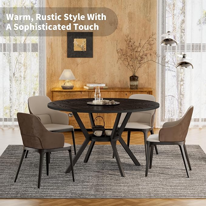 Black Dining Table for 2-4, 42 Inch Round Kitchen Table with Storage, Wooden Circle Dinner Table with Metal Legs, Rustic Mid Century Modern Dining Room Tables for Kitchen, Living Room, Dining Room - Image 8