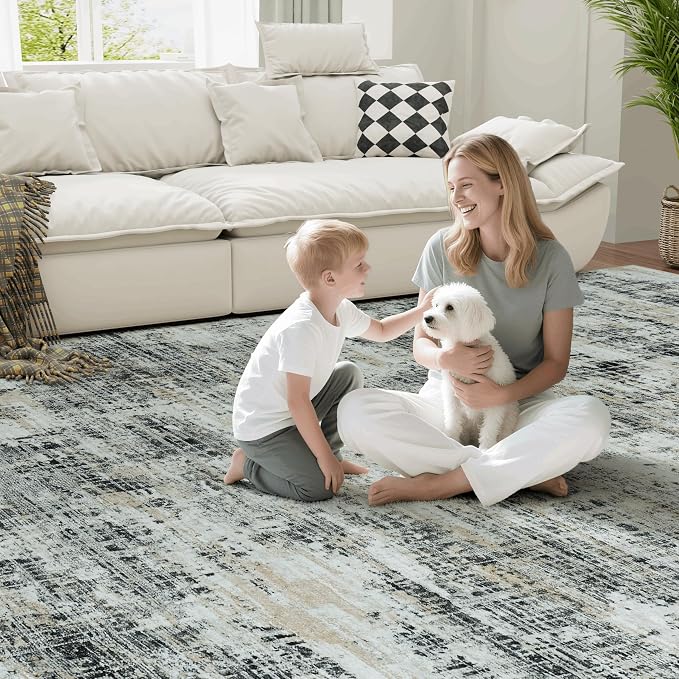 9x12 Washable Area Rug for Living Room Bedroom: Non-Slip Modern Black Gray | Machine Washable TPR Backing, Stain-Resistant Low Pile, Pet & Kid Friendly, Abstract Decor for Dining Room, Dorm, Home Office - Image 7
