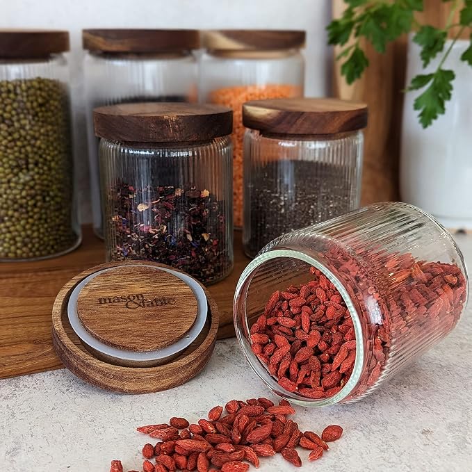 Mason & Fable Ribbed Glass Jar with Wooden Lid 17oz, Set of 3 | Airtight Fluted Storage Canisters for Food, Tea, Coffee, Candy/Spice | Organization Canisters for Home & Kitchen - Image 8
