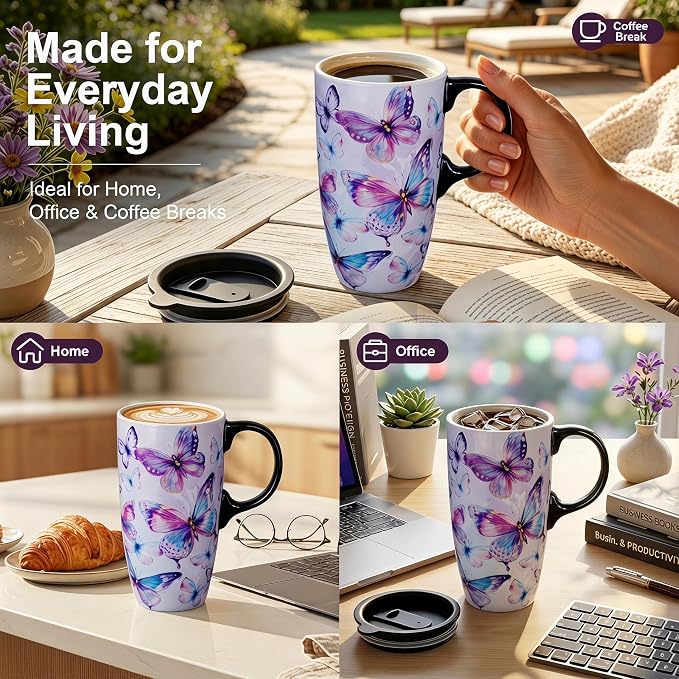 Topadorn 17oz Ceramic Travel Mug with Lid, Coffee Cup with Gift Box | Watercolor Butterfly Coffee Mug with Handle, Microwave & Dishwasher Safe, Gift Box Included - Image 3