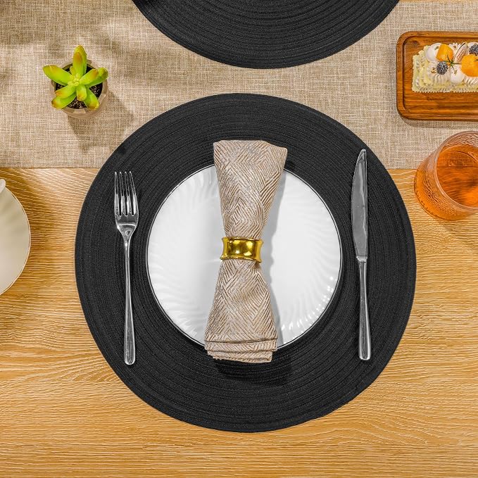 SHACOS Round Braided Placemats Set of 6 Cotton Polyester Heavy Duty 15 inch Round Table Mats Washable Heat Resistant Place Mats (Black, 6) - Image 8