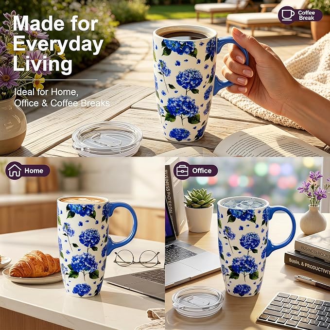 Topadorn Set of 2 Ceramic Travel Mugs with Lids, Coffee Mug | Butterfly & Hydrangea Mug Gift Set, 17oz Floral Coffee Cups, Microwave & Dishwasher Safe, Gift Box Included - Image 5
