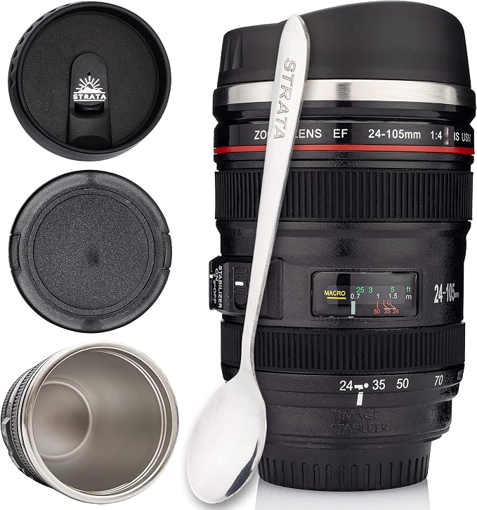 STRATA CUPS Camera Lens Coffee Mug -13.5oz | (2 LIDS + SPOON + BAG) Gift for Him, Dad Gifts, Photography, Camera accessories, Novelty Gifts by STRATACUPS
