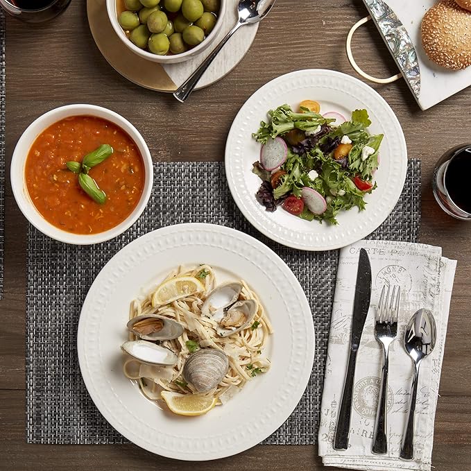 Tabletops Gallery Embossed White Porcelain Round Dinnerware - Bloom 12 Piece Dinnerware Set - Image 2