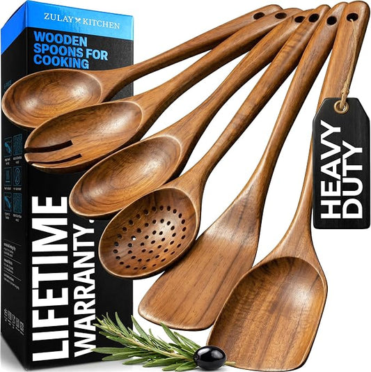 Zulay Kitchen 6 Piece Wooden Spoons for Cooking – Natural Teak Wooden Utensil Set, Easy to Clean, Durable, Smooth with Comfort Grip - Non Toxic Wooden Cooking Utensil Sets by ZulayKitchen