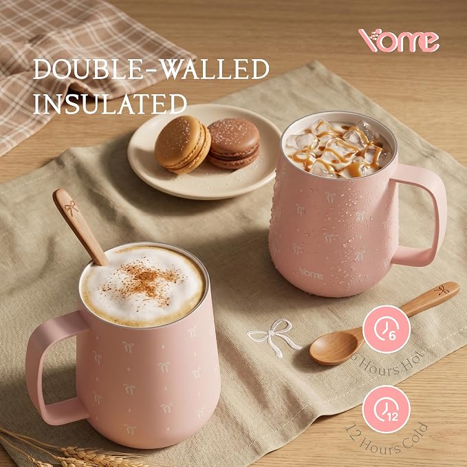 YOME 10oz Bow Light Pink Insulated Coffee Mug with Handle for Women | Ceramic Lined Coffee Mug with Splash-Resistant Lid| Pure Taste Stainless Steel Coffee Cup | Easy to Clean | Keeps Drinks Cold - Image 3