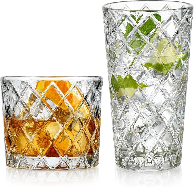 Diamond Cut Drinking Glass Set, Set of 8 Premium Textured Glassware with 4 Highball Glasses 17 oz and 4 Whiskey Glasses 10 oz Elegant Drinking Glasses - Image 8