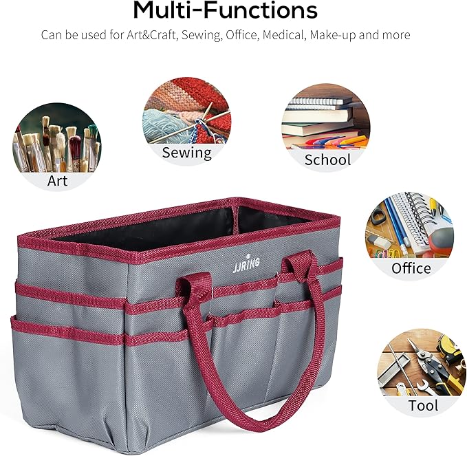 JJRING Craft and Art Tote - 600D Grey Nylon Fabric Art Sewing Organizer Bag with Pockets - for Craft, Scrapbooking, Medical, and Office Supplies Storage