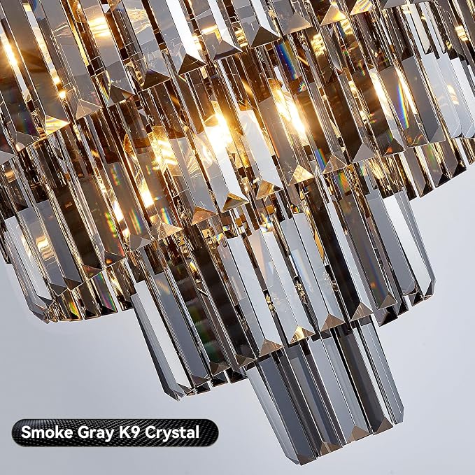 24'' Smoke Gray Crystal Chandelier Black Modern Luxury Light Fixture for Dining Room 4-Tier Round Hanging Pendant Ceiling Lighting for Entryway Foyer Living Room Bed Room Adjustable Height - Image 5