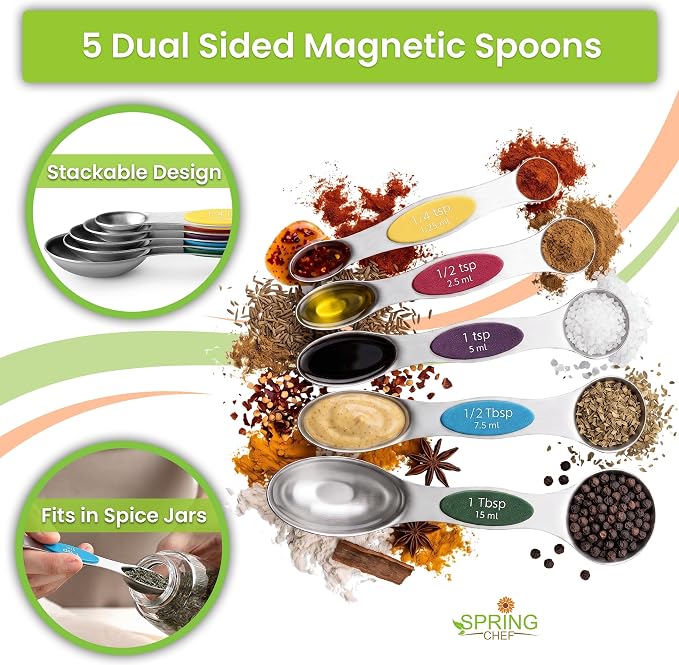 Spring Chef Magnetic Measuring Cups & Spoons Set of 9, Patented, Multicolor | Nesting Stainless Steel Measuring Cups & Heavy Duty Metal Measuring Spoons with Levelers for Dry & Liquid Ingredients - Image 3