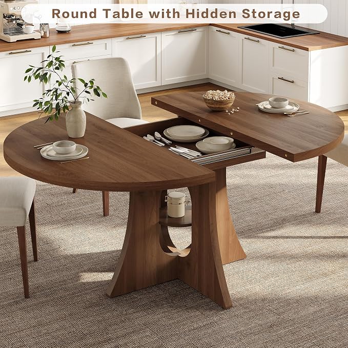 43.3"-59" Extendable Round-to-Oval Dining Table with Leaf & Storage | Oval Table, Round Kitchen Table, Seats 4-8, Modern Farmhouse, Space-Saving, Walnut Finish, Circle Table, Oval Dining Table - Image 4