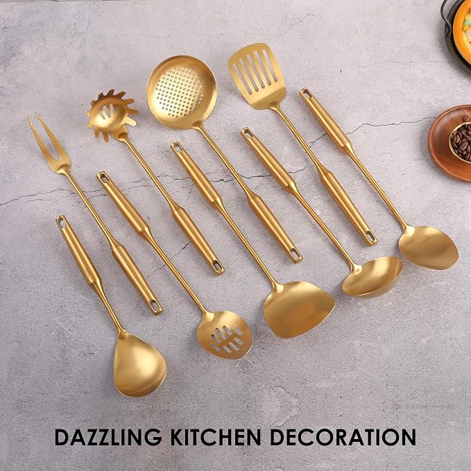 Gold Kitchen Utensils Set - 15" All Metal Cooking Tools Set of 9 | 18/10 Stainless Steel Cooking Utensils - Fork, Solid/Slotted Spoon, Spatula, Ladle, Skimmer, Turner, Pasta Spoon, Large Spoon - Image 7