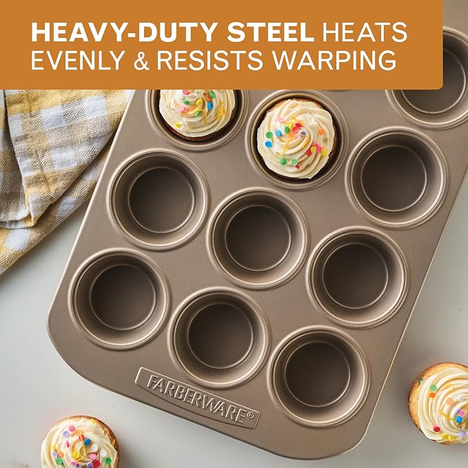 Farberware Bakeware Warp Resistant, Dishwasher Safe, 12-Cup Muffin Pan - Mocha - Image 9