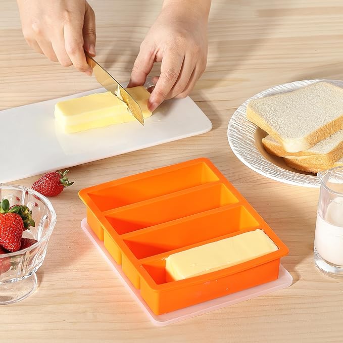 OHOLA Silicone Butter Mold Tray with Lids, Non-Stick for Chocolate, Energy Bars and Cake (1Pack, Stylish Orange Color)