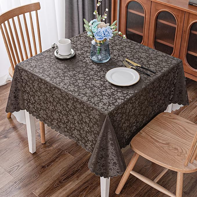Smiry Square Waterproof Heavy Duty Vinyl Tablecloths, 54 x 54 Inch | Wipeable Washable Floral Embossed Table Cover for Kitchen and Dining Room, Indoor & Outdoor Use, Coffee by Smiry