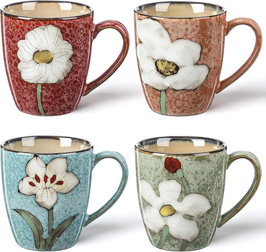 Maxdot 4 Pcs 12oz Ceramic Coffee Mugs Sets Glazing Process Cappuccino Mug Floral Ceramic Tea Cups Idea Gift Set for Women Porcelain Cup for Coffee, Cocoa, Tea, Latte (Retro) (Classic) by Maxdot