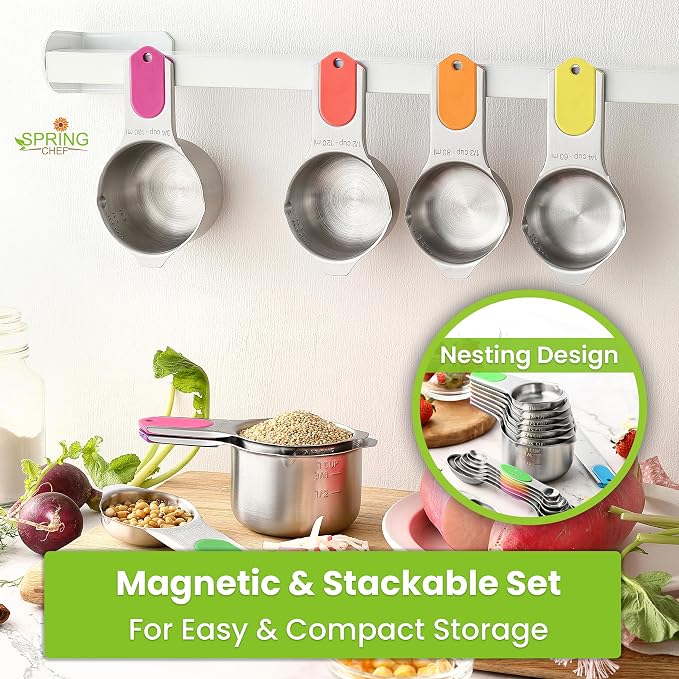 Spring Chef Magnetic Measuring Cups & Spoons Set of 15, Patented, Neon | Stackable Stainless Steel Measuring Cups & Heavy Duty Metal Measuring Spoons with Levelers for Dry & Liquid Ingredients - Image 6