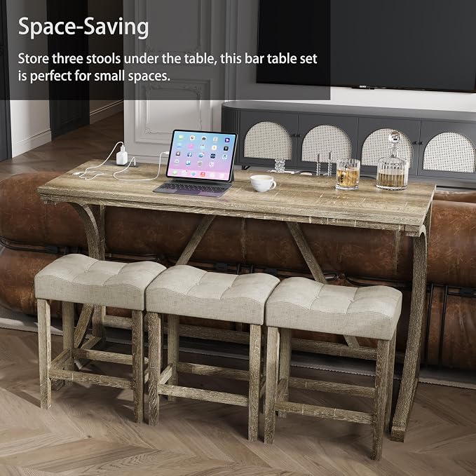 allamazing 4-Piece Counter High Bar Table Set with Socket and 3 Fabric Padded Bar Stools, Tall Kitchen Breakfast Nook with Stool (1+3 Natural) - Image 5