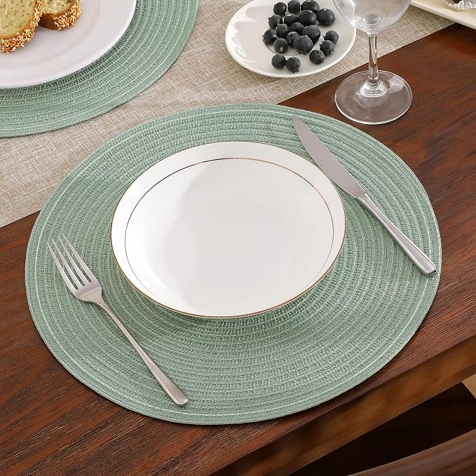 SHACOS Round Placemats Set of 8 Washable 15 inch Round Table Mats Cotton Polyester Woven Braided Place Mats for Dining Table Wedding Party Decor, Sage Green - Image 3