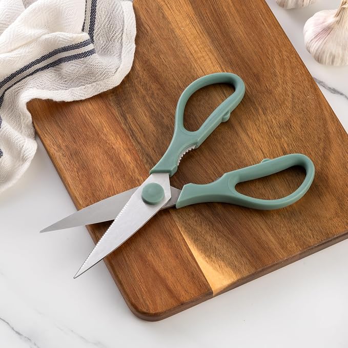 Rae Dunn Kitchen Scissors- Stainless Steel Kitchen Shears, Cooking Scissors for Cutting Meat, Chicken, Herbs and Produce with Blade Cover and Soft Grip Handles (Sage) - Image 3