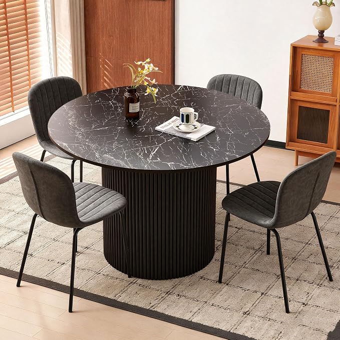 Dining Table Set for 4, 47 Inch Mid Century Modern Faux Marble Round Kitchen Table and Chairs, Space-Saving Small Dinette Set (Black Table+4 Grey Chairs) by SQPFTW