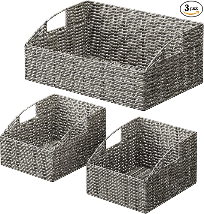 Pantry Baskets Organization, Wicker Storage Bin Shelf Grey | Handwoven Pantry Organizers and Storage with Built-in Handles, Laundryroom Organization Storage Bins for Snack Cans by Ollieroo