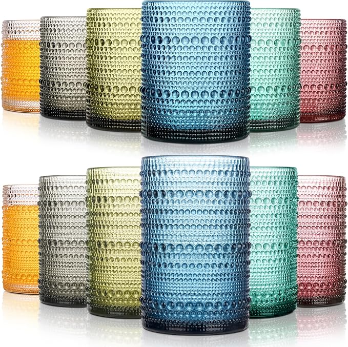 KMIGRUAN Colored Hobnail Drinking Glasses Set of 12,15oz&12oz Vintage cups | Embossed Beaded Water Tumbler for Cocktail, Juice and Various Mixed Drinks,Vintage Glassware Dishwasher-Safe by KMIGRUAN