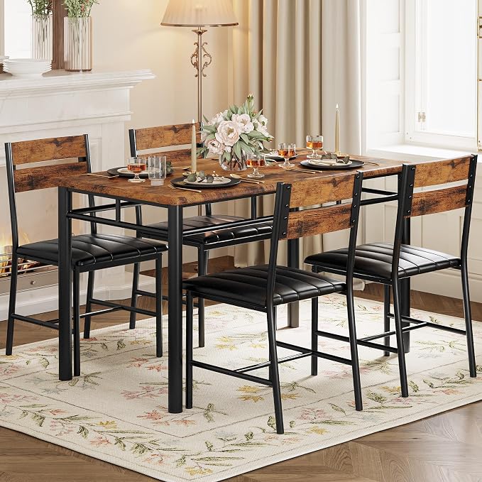 IRONCK Dining Table Set for 4, Rustic Brown | Wood Kitchen Table with Upholstered Chairs for Kitchen Room and Small Spaces - Image 9