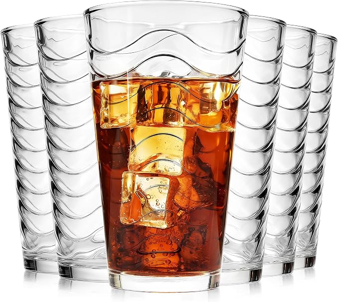 ALINK 16 oz Vintage Drinking Glasses, Set of 6 Wave Line Highball Glass Cups Bar Glasses, Clear Heavy Base Stemmed Water Glasses for Beer, Iced Coffee, Cocktail, Wine, Iced Tea, Dishwasher Safe by ALINK