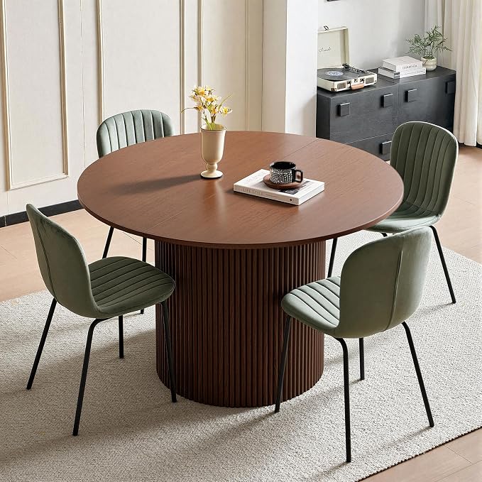 5 Piece Round Dining Table Set for 4, Mid Century Modern Wooden Kitchen Table and Chairs, Space-Saving Small Dinette Set (47 Inch Walnut Table+4 Green Chairs) - Image 2