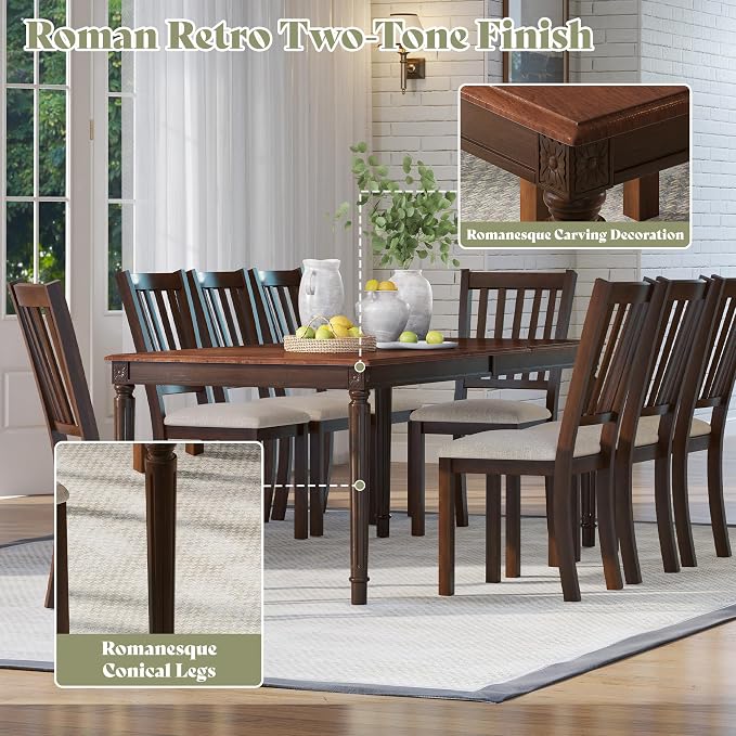 AMERLIFE 79" Solid Wood Farmhouse Dining Table with Roman Legs, Brown | Roman Conical Legs, Large Dining Surface, Solid Wood Tabletop, Family Gathering Furniture, Dark Brown Finish - Image 5