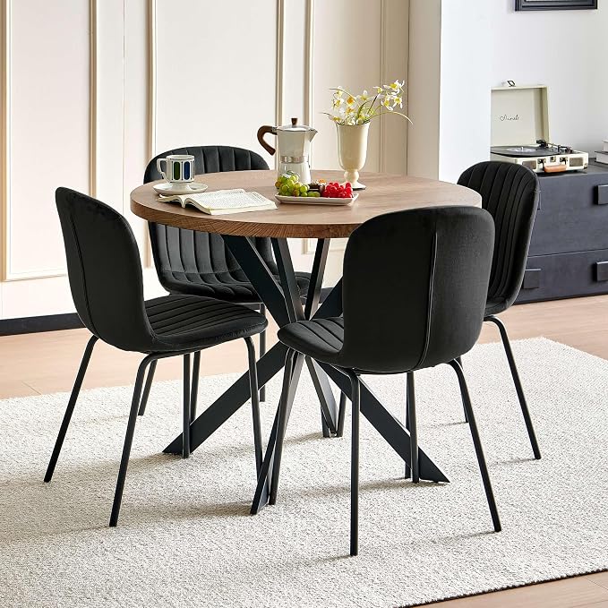 37 Inch Round Dining Table Set for 4, Modern Small Circle Kitchen Coffee Set for Apartment Living Room Office, Save Space(1 Imitation Wooden Table + 4 Black Velvet Chairs) - Image 8