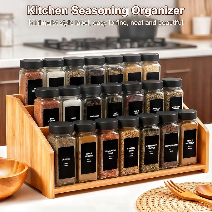 48 Spice Jars with Labels, 4oz Seasoning Jars for Cabinets, Drawers, Racks | Lead-free glass seasoning containers with black airtight lids, and they are dishwasher safe - Image 2