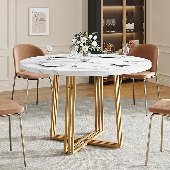 Round Dining Table for 4, 43.3-Inch Faux Marble Kitchen Table, Modern Circle Dinner Table with Metal Base for Dining Room, Kitchen, Breakfast Nook, Apartment, Small Spaces, White and Gold by Sanyz