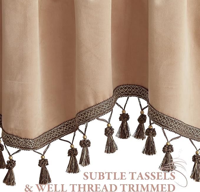 Blush Beige Tassel Velvet Valances Curtains 52x18 Inch 2 Panels | Valances Curtains for Kitchen, Nursery, Half Window Tassel Tier Curtains Room Darkening Home Decor for Living Room - Image 4