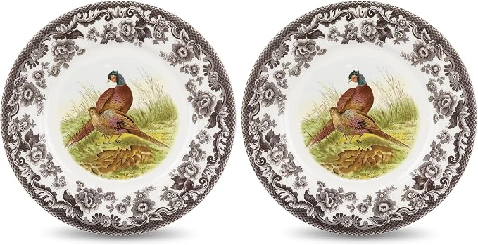 Spode Woodland Pheasant Luncheon Plate - 9" Fine Earthenware Plate with British Flowers Border, Rustic Game Bird Design - Dishwasher, Microwave, Oven & Freezer Safe - Made in England (Pack of 2) by Spode