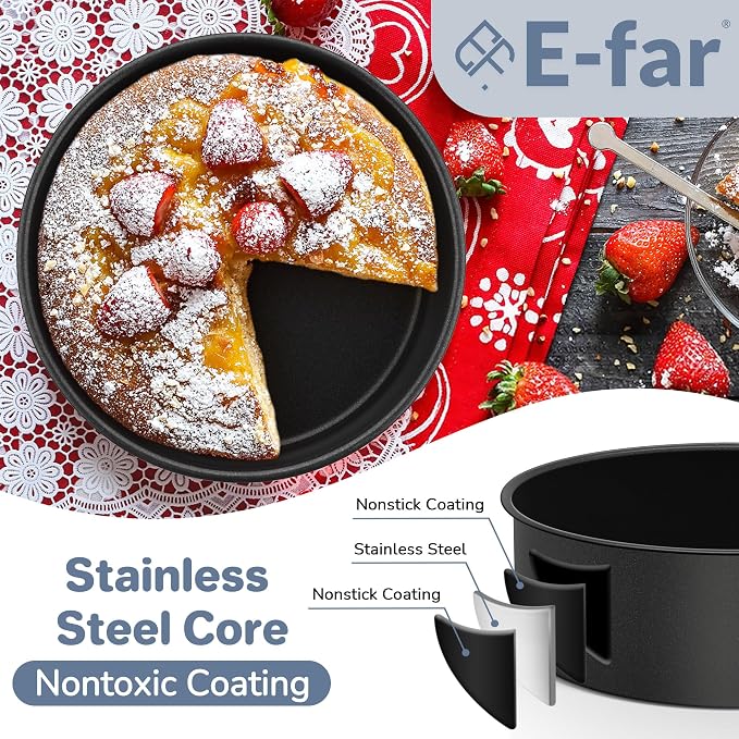 E-far 8x2 Inch Cake Pan Set of 2, Nonstick Round Cake Pans Tins for Baking Birthday Wedding Layer Smash Cakes, Stainless Steel Core & Nontoxic Coating, Straight Side(Black) - Image 3