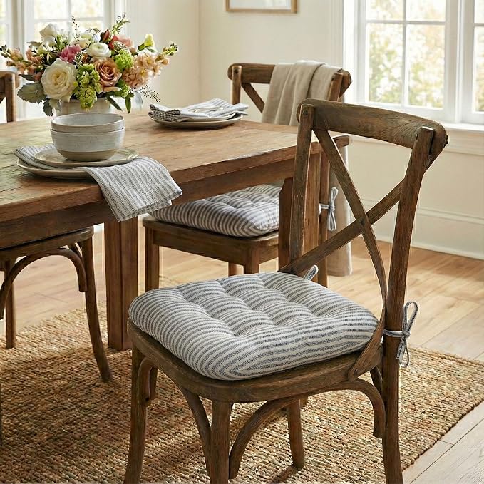 Barnett Home Decor Chair Cushions for Dining Chairs - 16.5x18 Kitchen Chair Cushions - Machine Washable, 100% Cotton, Made in USA - Latex Foam Chair Pads -Ticking Stripe Berlin Blue Medium Pack of 4 - Image 2