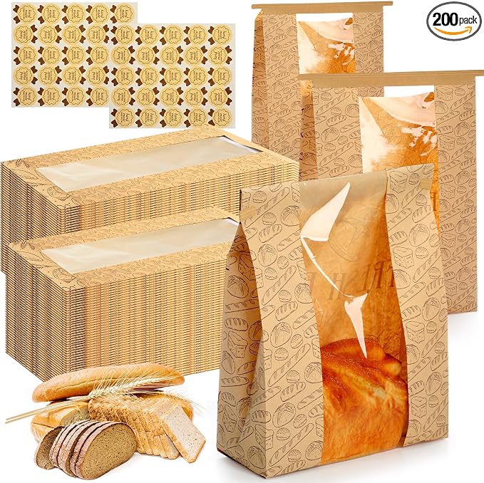 Feifeiya 200 Pack Kraft Paper Bread Bags for Homemade Sourdough Bread Bag with Clear Window 13.7 x 8.2 x 3.5 Large Bakery Packaging for Treat Storage Gift Giving with Seal Sticker by Feifeiya