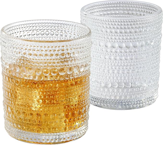 OLULU Cocktail Glasses 10 oz Set of 2, Glass Hobnail Drinking Glasses, Vintage Glassware Textured Bubble Glass Cups, Old Fashioned Glasses for Kitchen and Home Bar by OLULU