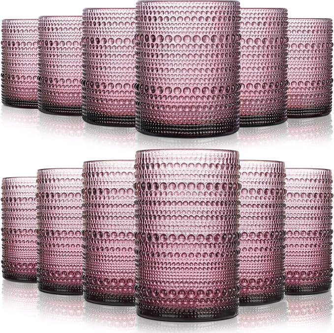 KMIGRUAN Hobnail Drinking Glasses Set of 12,15Oz & 12Oz Cocktail Glasses | Smoke Purple Vintage Boho Highball Glasses, Embossed Beaded Water Glass Cups for Cocktail, Beer, Milk, Juice & Bar Use by KMIGRUAN