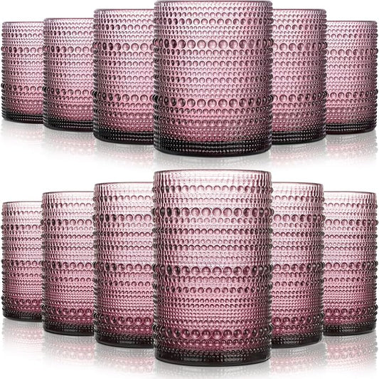 KMIGRUAN Hobnail Drinking Glasses Set of 12,15Oz & 12Oz Cocktail Glasses | Smoke Purple Vintage Boho Highball Glasses, Embossed Beaded Water Glass Cups for Cocktail, Beer, Milk, Juice & Bar Use by KMIGRUAN