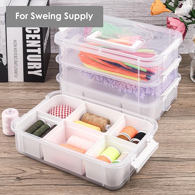 Craft Organizers and Storage, 11QT 4-Layer Durable Sewing Organizer for Sewing Supplies with 2 Removable Trays, DIY Kit Container for Seasonal Decor, Tool, Scrapbook and Art Supplies