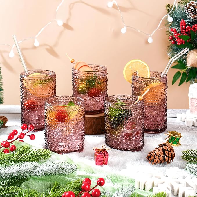KMIGRUAN Hobnail Drinking Glasses Set of 12,15Oz & 12Oz Cocktail Glasses | Smoke Purple Vintage Boho Highball Glasses, Embossed Beaded Water Glass Cups for Cocktail, Beer, Milk, Juice & Bar Use - Image 3