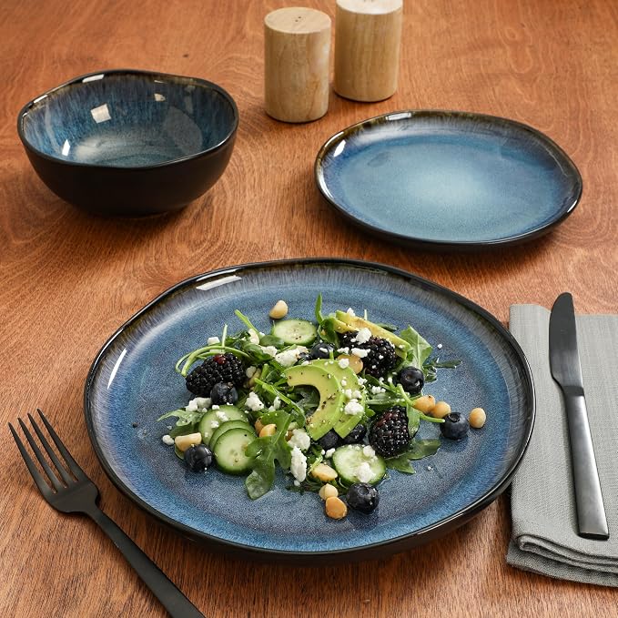 Gibson Elite Nardini 12 Piece (Service for 4) Plates and Bowls Reactive Glaze Dishes Stoneware Ceramic Dinnerware Set - Black and Blue - Image 2