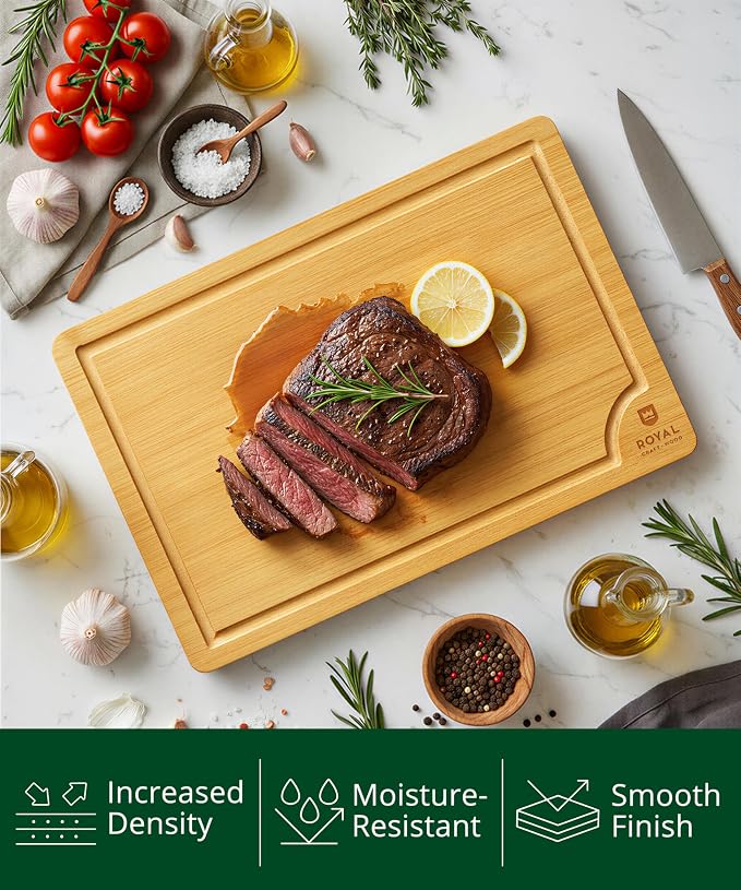ROYAL CRAFT WOOD Wooden Cutting Boards for Kitchen Meal Prep & Serving - Bamboo Wood Serving Board Set with Deep Juice Groove Side Handles - Charcuterie & Chopping Butcher Block for Meat - Image 3
