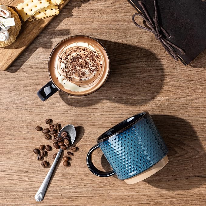 GBhome 15 OZ Stackable Coffee Mugs Set of 4, Ceramic Coffee Cups Set | 4 Assorted Designs, Embossed Mugs with Texture Patterns for Tea/Coffee, Dishwasher&Microwave Safe, Deep Sea - Image 2